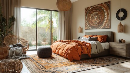 Sunlit bedroom with orange bedding, patterned rug, and bohemian decor.