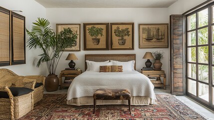 Bright bedroom with large bed, wicker furniture, and framed botanical prints.