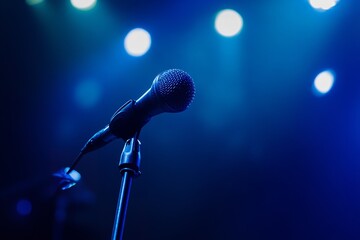 Obraz premium Modern recording studio with a microphone on a stand, lit by deep blue lighting