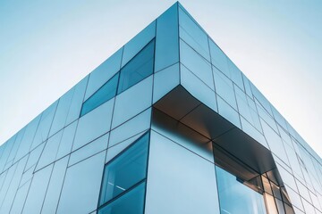 A modern geometric facade with angular glass panels and sleek metallic finishes