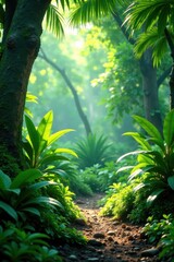 Naklejka premium Lush, vibrant green tropical foliage, sunlight dappled , palm, foliage
