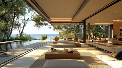 Modern luxury villa with infinity pool overlooking ocean.