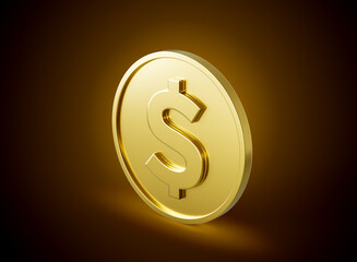 Golden Shiny Rounded United States Dollar USD Coin On Shiny Golden Glow Background 3d Illustration