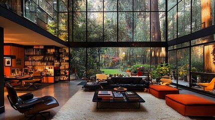 Modern home interior with floor-to-ceiling windows overlooking a lush garden.