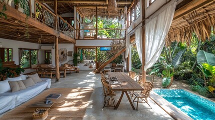 Spacious eco-friendly house with pool, open floor plan, wooden furniture, and natural light.