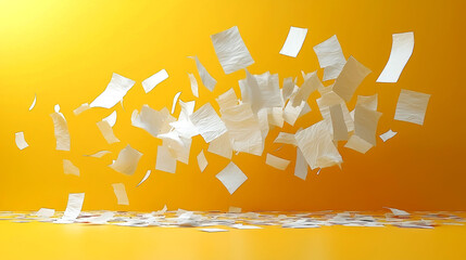 Abstract Flying Papers on a Bright Yellow Background