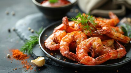 Delicious fried prawns with spices and sauce on a plate, AI generated image