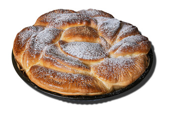 Delicious muffin cake made with cottage cheese in a baking tray ready to serve against a white background