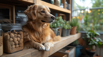 Naklejka na ściany i meble A pet-friendly kitchen with integrated feeding stations and a stylish nook for pets to rest