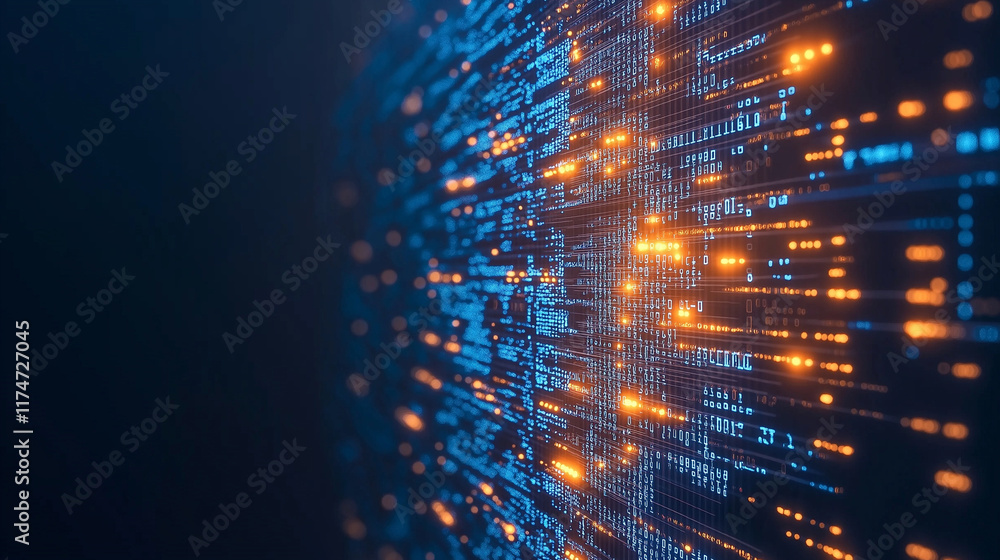 Aufkleber digital matrix: abstract data stream. glowing digital code flows in a mesmerizing blue and orange st
