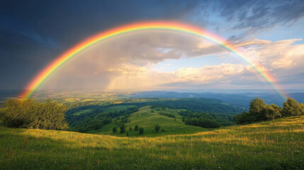 Naklejka premium A rainbow arching over a rural landscape with rolling green hills