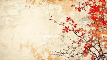 Vintage-style, textured background with a branch of red autumn leaves against a light beige backdrop.