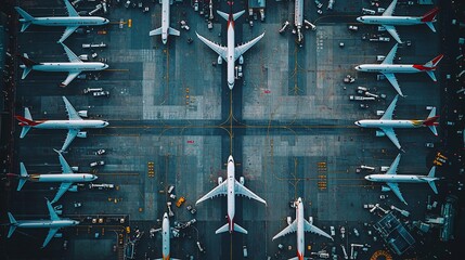 Aerial view of numerous airplanes parked at airport tarmac.