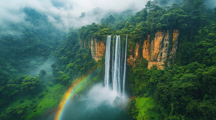 Fototapeta premium A rainbow reflected in a misty waterfall in a lush forest setting