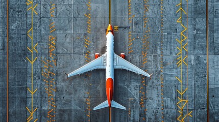 Airplane parked on tarmac, top-down view.
