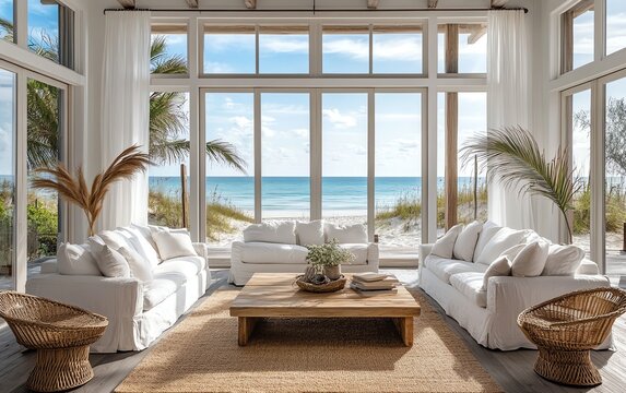 Open living room with a bay window showcasing the ocean and beach, white sofas, wicker chairs, a wooden coffee table, woven elements, lightfilled space with coastal elegance