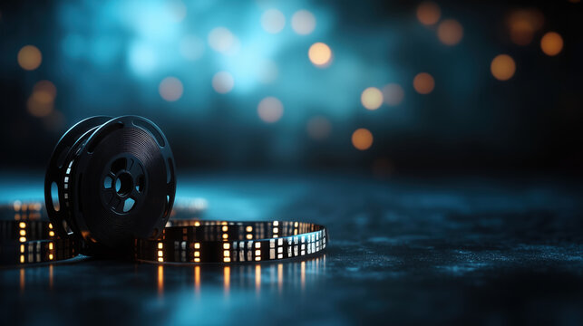 Film reel with glowing frames on dark background. Cinema movie entertainment