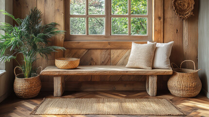 A rustic entryway featuring natural wood, a welcoming bench, and woven baskets