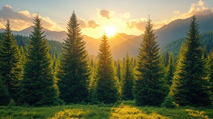 A serene forest landscape at sunset, highlighting tall pine trees and distant mountains.