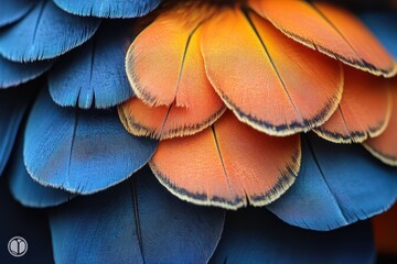Obraz premium Close-up of vibrant blue and orange bird feathers showcasing intricate textures and colors in natural light