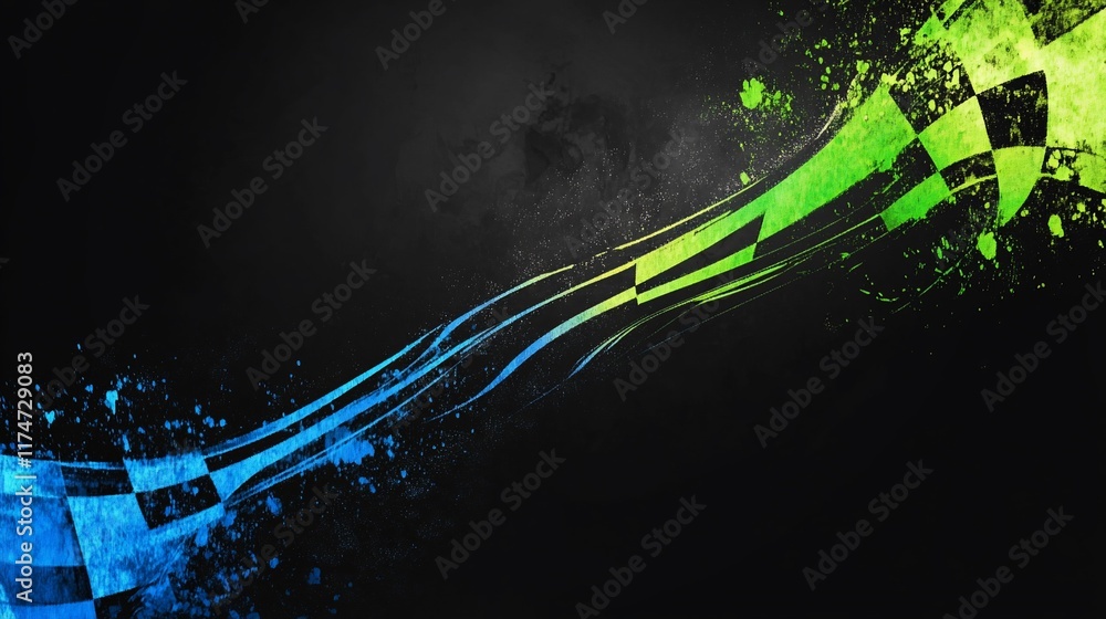 Poster abstract racing checkered flag graphic design with vibrant colors and grunge texture.