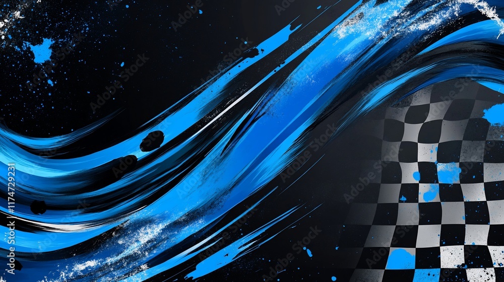 Poster Abstract racing background with dynamic blue streaks and checkered flag.