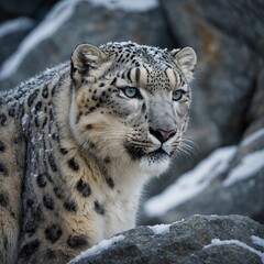 Fototapeta premium A snow leopard peering out from behind a frosted rock.