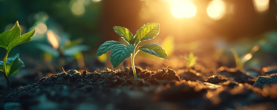 A tiny green plant sprouting from rich soil, sun shining brightly in the background, natural light highlighting the fresh growth, peaceful and revitalizing nature scene