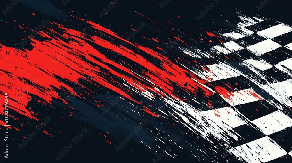 Poster Abstract checkered flag background with dynamic brush strokes of red and white.