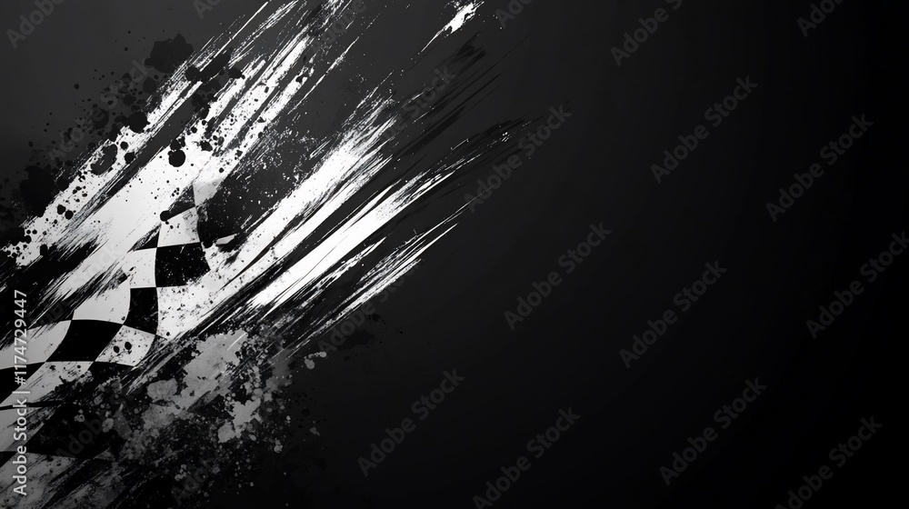 Poster abstract checkered flag graphic with grunge style paint splatter.