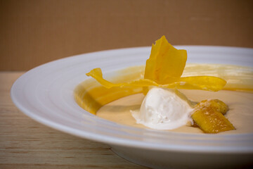 Close-up side view of gourmet roasted caramel banana pudding topped with coconut ice cream, elegant fine dining restaurant dessert.