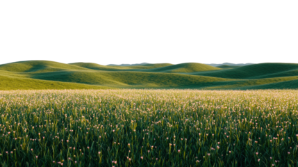 Rolling green hills adorned with blossoming flowers under a bright sky, featuring a tranquil and picturesque natural landscape with vibrant colors. Isolated on transparent background, png.