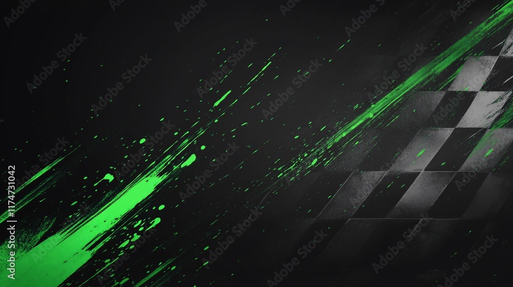 Poster abstract racing flag graphic design with green streaks on dark background.