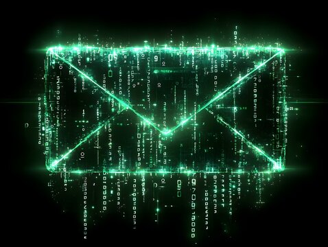 Glowing Email Icon Made of Binary Code Numbers Against Dark Background - Powered by Adobe