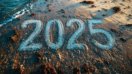 Creative Beach Art with 2025 Written in Shells on Ocean Shoreline