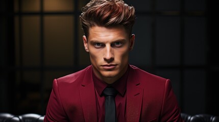 Fototapeta premium Portrait of a Confident Man in a Maroon Suit