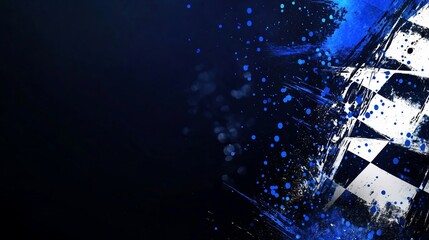 Abstract checkered flag with dynamic brushstrokes and splashes of blue.