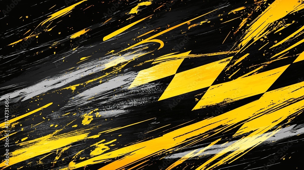 Poster abstract graphic design with yellow checkered flag and black and gray brushstrokes.