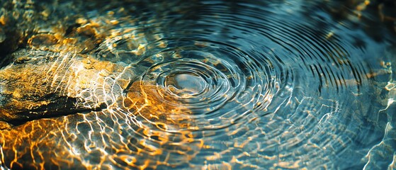 Concentric circles rippling on clear water, illuminated by a ray of sunshine, abstract and modern design, elegant water movement, tranquil reflections and light play
