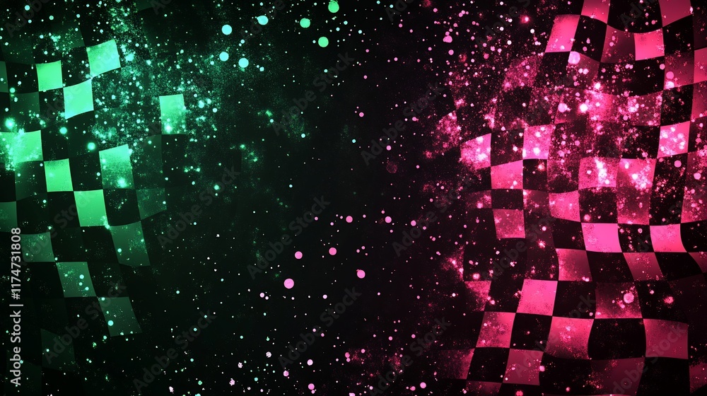 Poster Checkered flag abstract background with glowing particles.