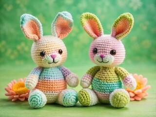 Obraz premium Adorable Crochet Rabbit Amigurumi Toys on Green Background - Handmade Crafts