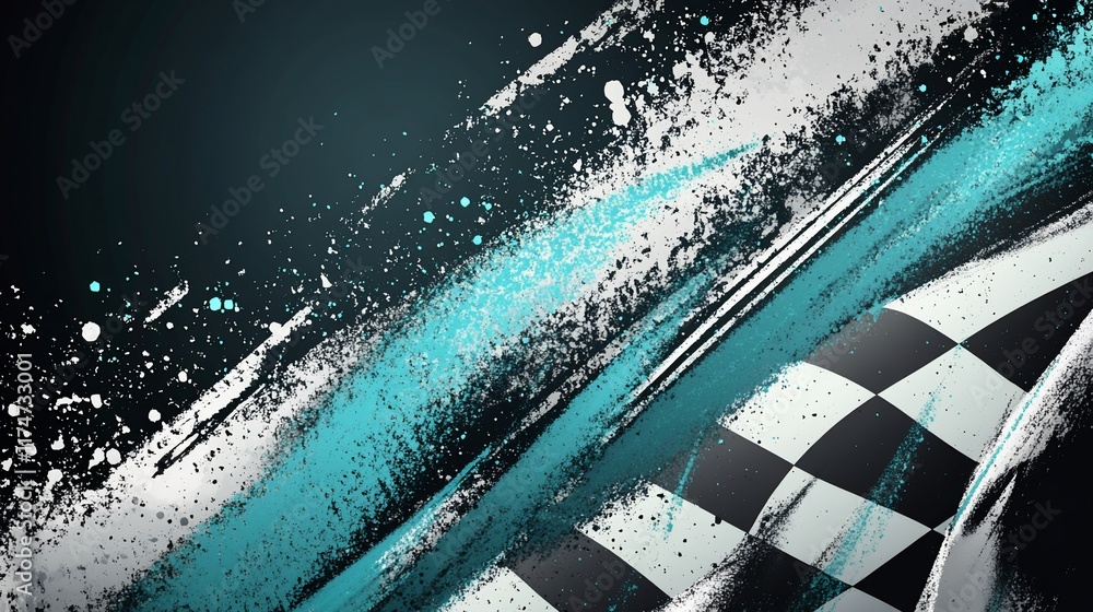 Poster Abstract checkered flag with teal paint splatter.