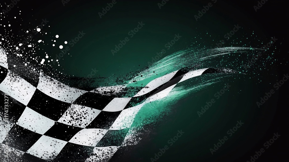 Poster Checkered flag waving in motion with dark background.
