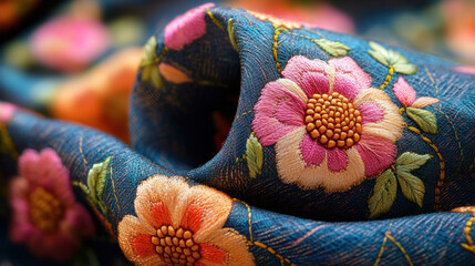 Obraz premium Fabric textures showcasing intricate embroidery patterns and vibrant colors