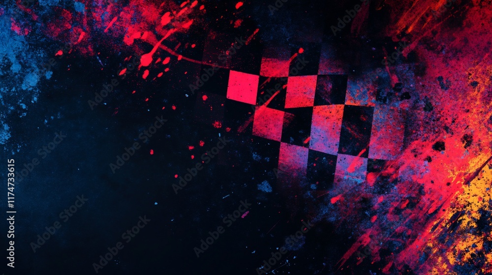 Poster checkered flag graphic design with vibrant color splashes.