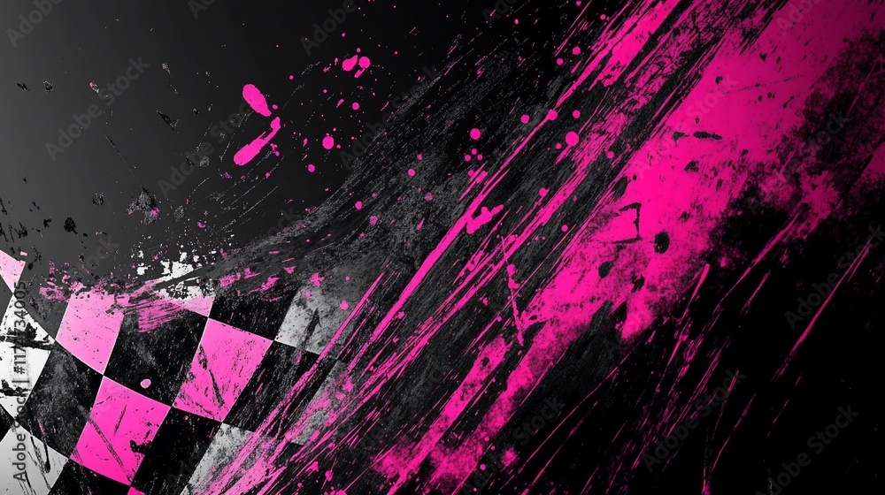 Poster abstract checkered flag with pink splatter. (2)