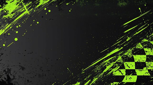 Abstract grunge background with lime green and black paint splatter and checkered flag.