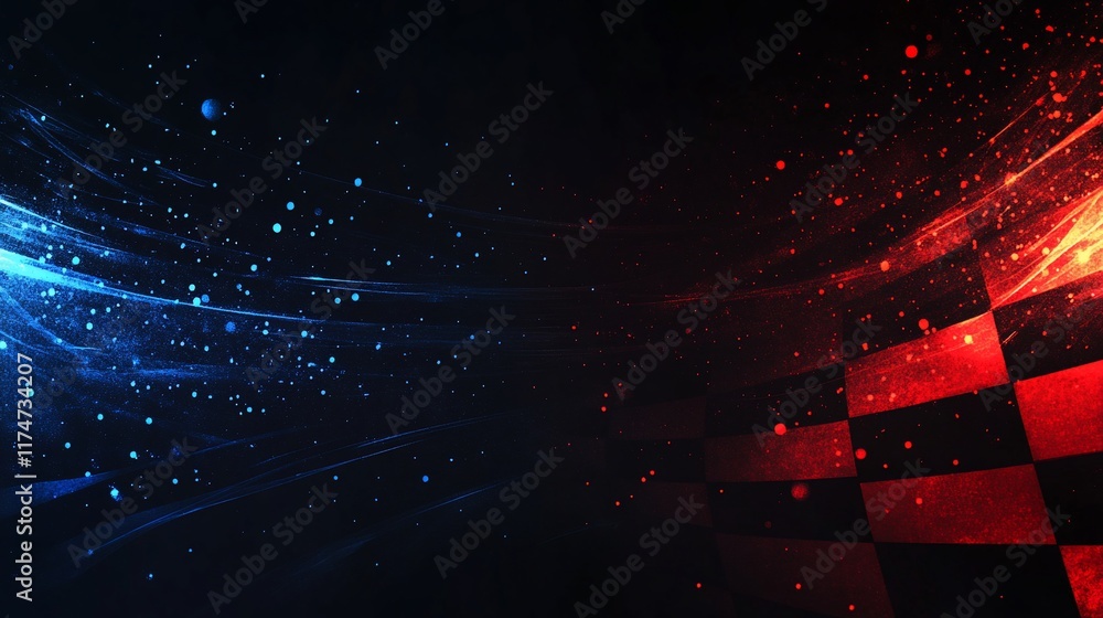 Aufkleber Abstract checkered flag graphic design with dynamic glowing lines and particles.