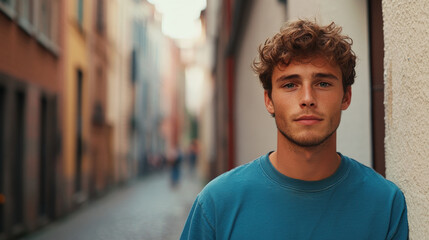 Fototapeta premium A young man features prominently in this cityscape image, situated against a textured urban backdrop. He exudes relaxed confidence, his neutral expression set within a blurred street scene.
