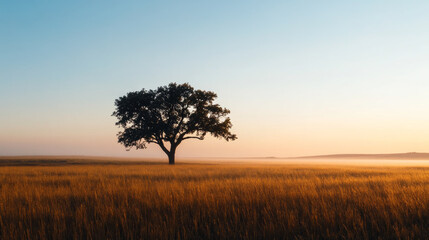 Fototapeta premium A lone tree stands in a vast field during a serene sunrise, with golden grass and a clear sky creating a tranquil and inspiring scene.